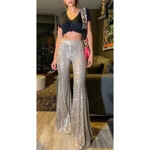 Wisteria Sequin Flare Pants Gold High Rise Stretch Festival Swifty Trousers NEW